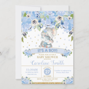 Convites Chá de fraldas Floral de Elefante Azul Menino Mã