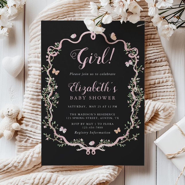 Convites Chá de fraldas Floral de Flor Preto e Rosa (Criador carregado)