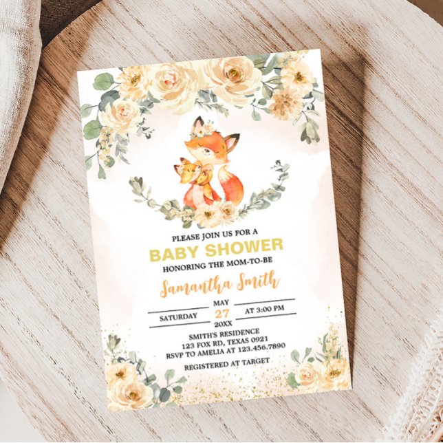 Convites Chá de fraldas Floral de Fox (Fox Baby Shower Invitation)