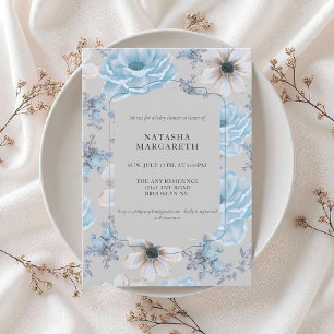 Convites Chá de fraldas Floral de Inverno Azul Boho Elegant