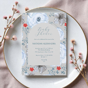 Convites Chá de fraldas Floral de Inverno Azul Boho Elegant