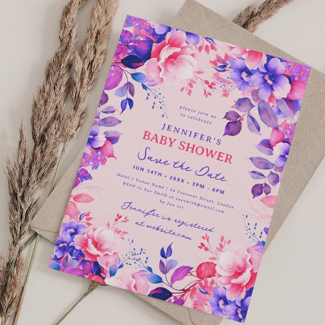Convites Chá de fraldas Floral de Jardim Roxo - Data de Sal (Purple Garden Floral Baby Shower Save Date Blush Invitation)