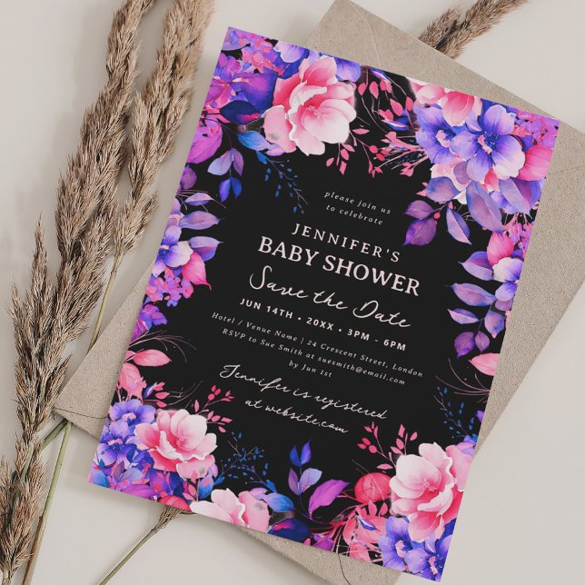 Convites Chá de fraldas Floral de Jardim Roxo Data de Salva (Purple Garden Floral Baby Shower Save Date Black Invitation)