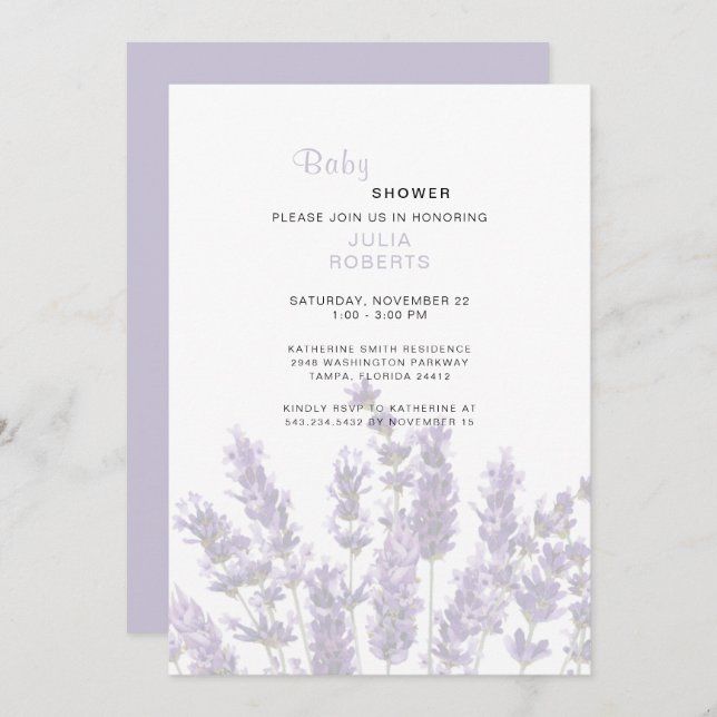 Convites Chá de fraldas Floral de Lavanda de Aquarela (Frente/Verso)