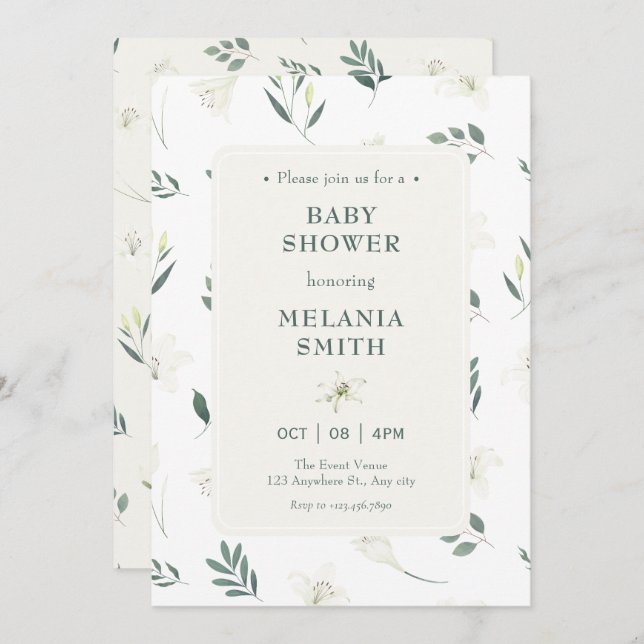 Convites Chá de fraldas floral de lírio branco (Frente/Verso)