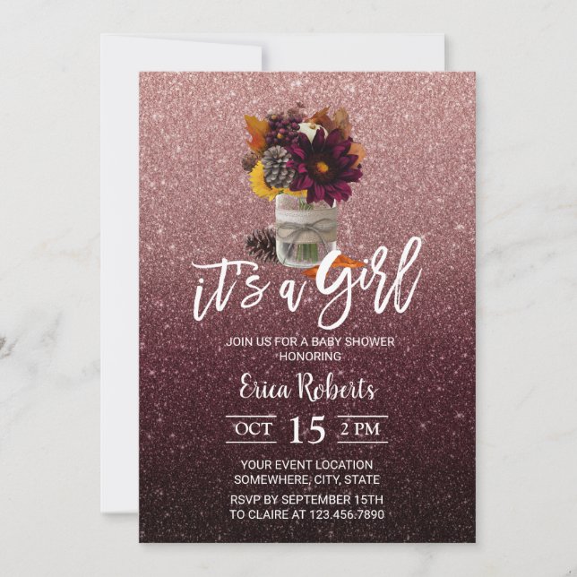 Convites Chá de fraldas Floral de outono Dourado de Borgonh (Frente)