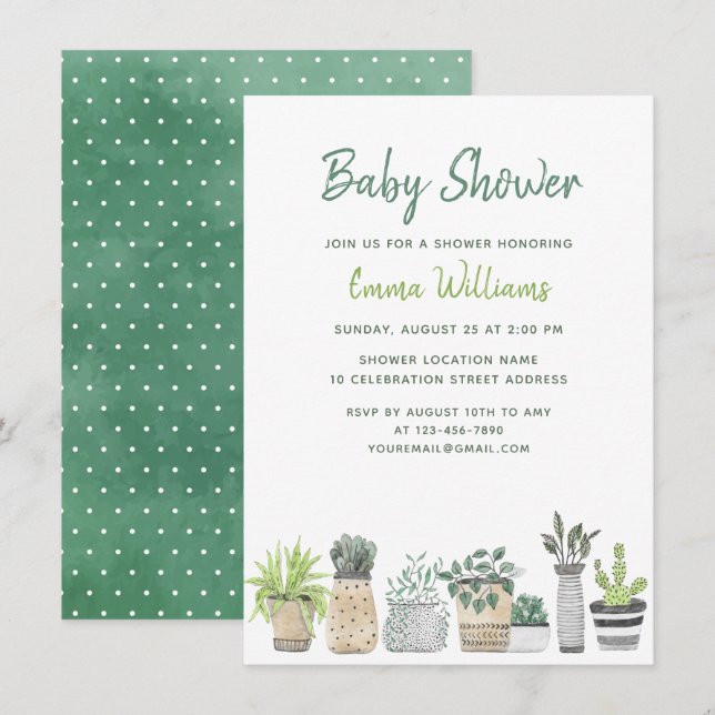 Convites Chá de fraldas Floral de Plantas Jardineiras Verda (Frente/Verso)