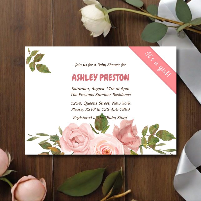 Convites Chá de fraldas Floral de Rosa para Aquarela (Criador carregado)