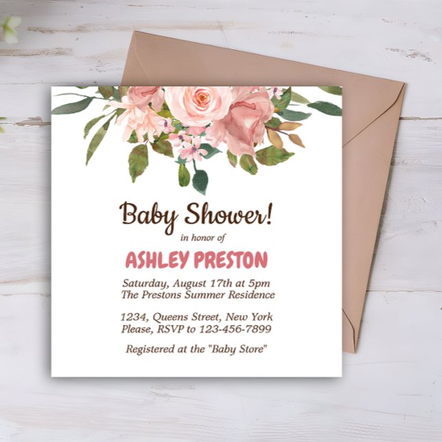 Convites Chá de fraldas Floral de Rosa para Aquarela (Blush Rose Watercolor Floral Baby Shower Invitation)