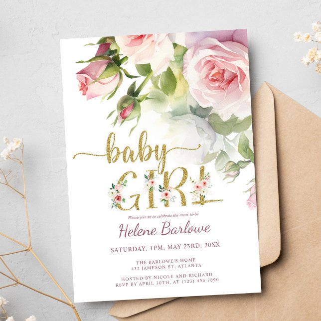 Convites Chá de fraldas Floral de Rosa Rosa Dourado e Rosa (Blush Pink Gold Rose Floral Boho Girl Baby Shower Invitation)