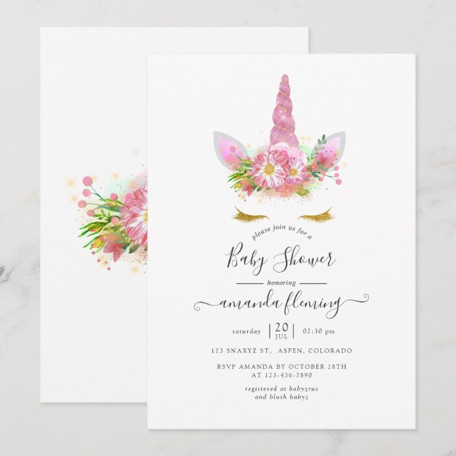 Convites Chá de fraldas Floral de Unicórnio rosa e Dourado (Frente/Verso)
