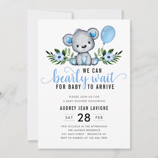 Convites Chá de fraldas Floral de Urso Azul Botânico Floral (Frente)