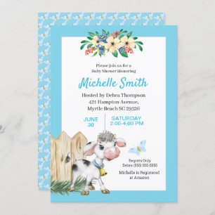 Convites Chá de fraldas Floral de Vaca Azul e Branco