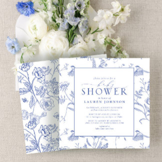 Convites Chá de fraldas Floral de Vintage Azul e Branco Chi