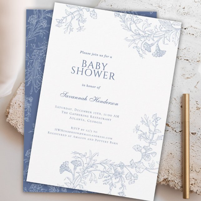 Convites Chá de fraldas Floral Desenho da Linha Azul Clássi (Criador carregado)