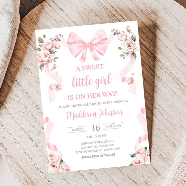 Convites Chá de fraldas Floral do Arco Coquette Rosa (Pink Coquette Floral Sweet Little Girl Baby Shower Invitation)