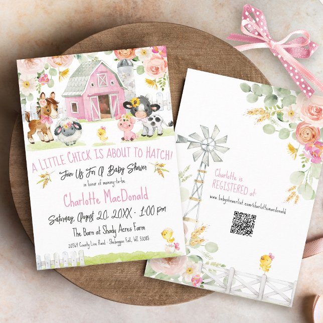 Convites Chá de fraldas Floral do Barnyard da Fazenda Pinti (Pink farm girl A Little Chick Is About to Hatch Barnyard animals QR floral baby shower invitation)