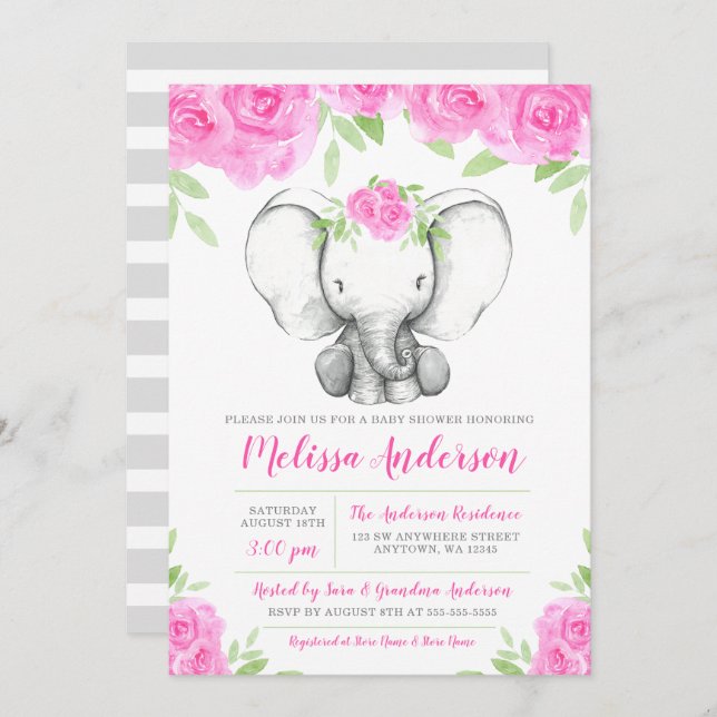 Convites Chá de fraldas floral do elefante da aguarela (Frente/Verso)