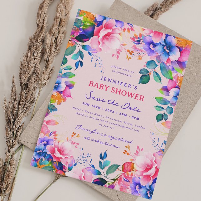 Convites Chá de fraldas Floral do Rainbow Garden com Data d (Rainbow Garden Floral Baby Shower Save Date Blush Invitation)