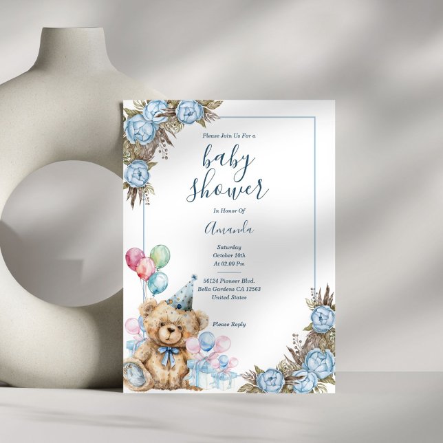 Convites Chá de fraldas Floral do Urso Azul-Cento (Criador carregado)