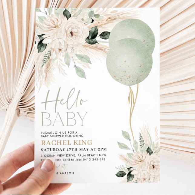 Convites Chá de fraldas Floral dos Balões Verdes Sage (Hello Baby Baby Shower invitation | Sage green balloons and white green flowers)