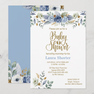 Convites Chá de fraldas Floral Dourado Azul Dusty