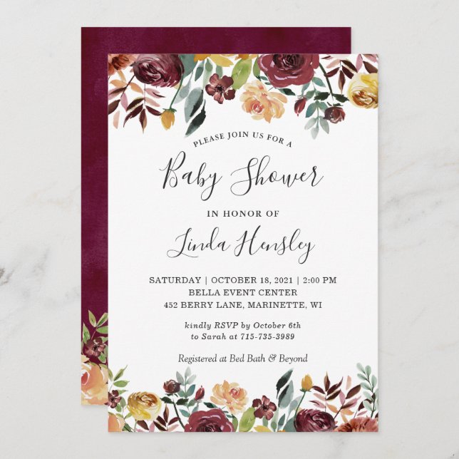 Convites Chá de fraldas Floral Dourado do Jardim Florestal  (Frente/Verso)