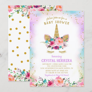 Convites Chá de fraldas Floral Dourado e rosa