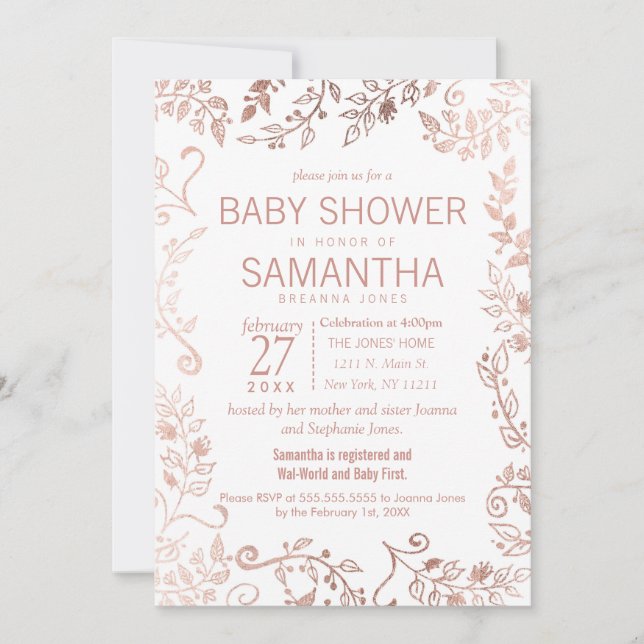 Convites Chá de fraldas Floral Dourado Rosa Branca Elegante (Frente)