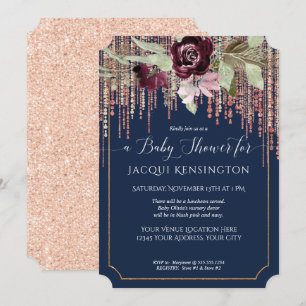 Convites Chá de fraldas Floral Dourado Rosa Fringe Marinho
