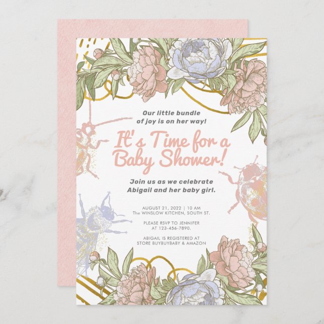 Convites Chá de fraldas Floral e Greenerescente de Dourada  (Frente/Verso)