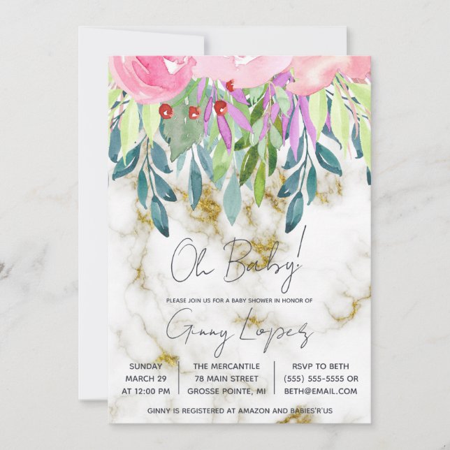 Convites Chá de fraldas Floral e Marble de Aquarela (Frente)