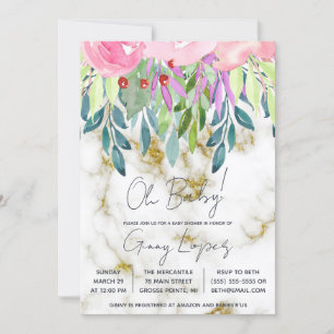 Convites Chá de fraldas Floral e Marble de Aquarela