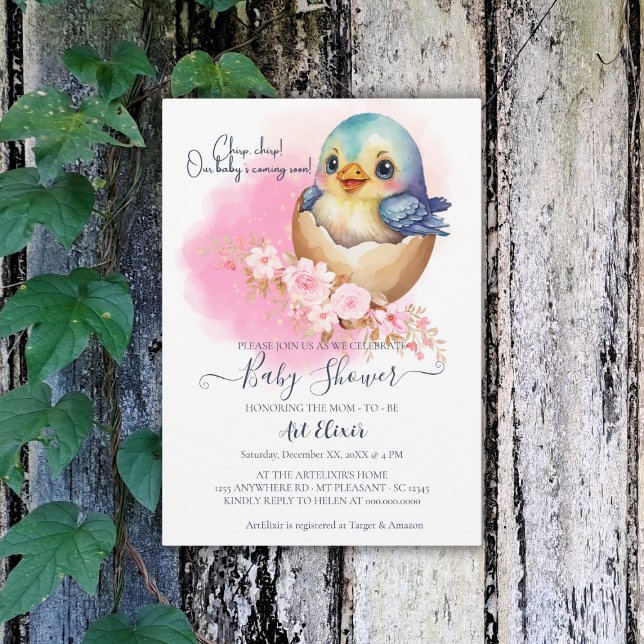 Convites Chá de fraldas Floral Elegante De Ave-Egg Cute Kaw (Criador carregado)