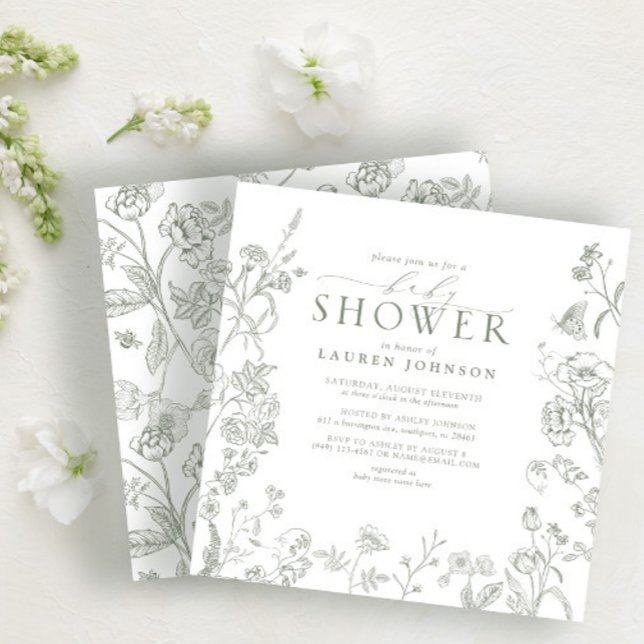 Convites Chá de fraldas Floral Elegante Elegante Verde Sage (Criador carregado)
