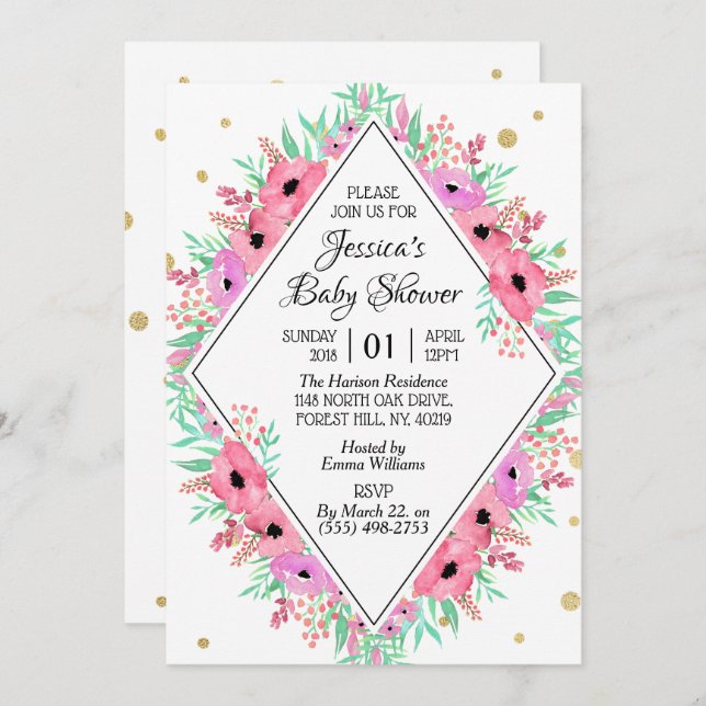 Convites Chá de fraldas Floral Elegante Primavera Watercolo (Frente/Verso)