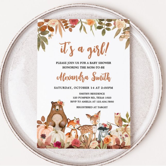 Convites Chá de fraldas Floral Fall Woodland (Pumpkin Floral Woodland Animals Baby Shower)