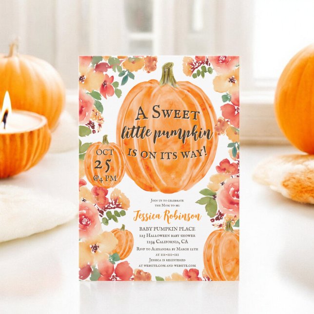 Convites Chá de fraldas floral floral de abóbora (Fall little pumpkin floral halloween baby shower invitation)