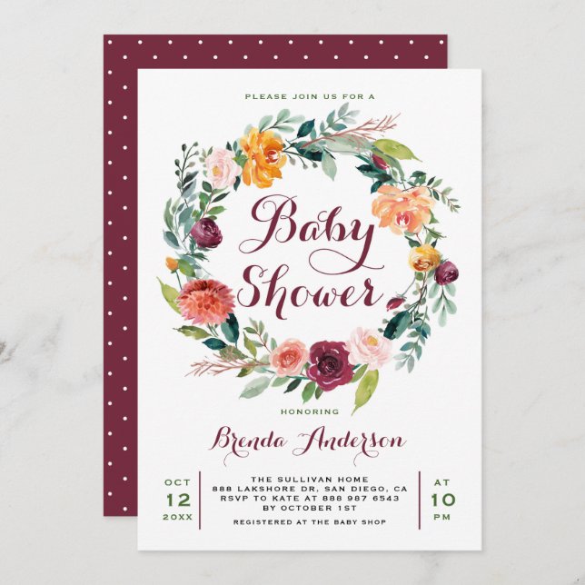Convites Chá de fraldas Floral Floral de Wreath de Watercol (Frente/Verso)