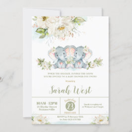 Convites Chá de fraldas Floral Greenery Elephant Twin Girls