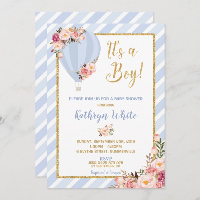 Convites Chá de fraldas Floral Hot Air Balloon (Frente/Verso)