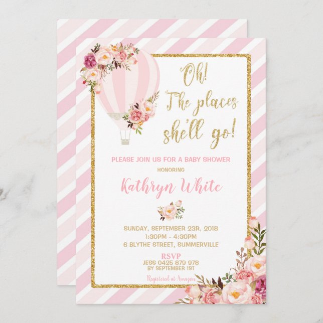 Convites Chá de fraldas Floral Hot Air Balon (Frente/Verso)