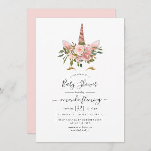 Convites Chá de fraldas Floral Incolor e Rosa Dourado Unico