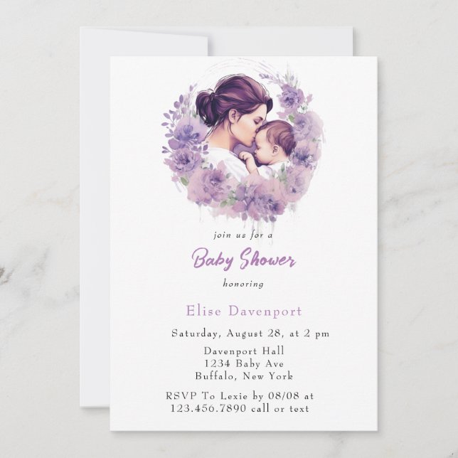 Convites Chá de fraldas Floral lavanda e minha Mamãe (Frente)