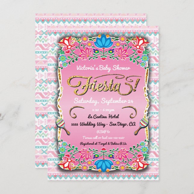 Convites Chá de fraldas Floral Mexicano Fiesta (Frente/Verso)