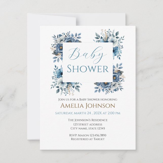 Convites Chá de fraldas Floral Moderno Azul (Frente)