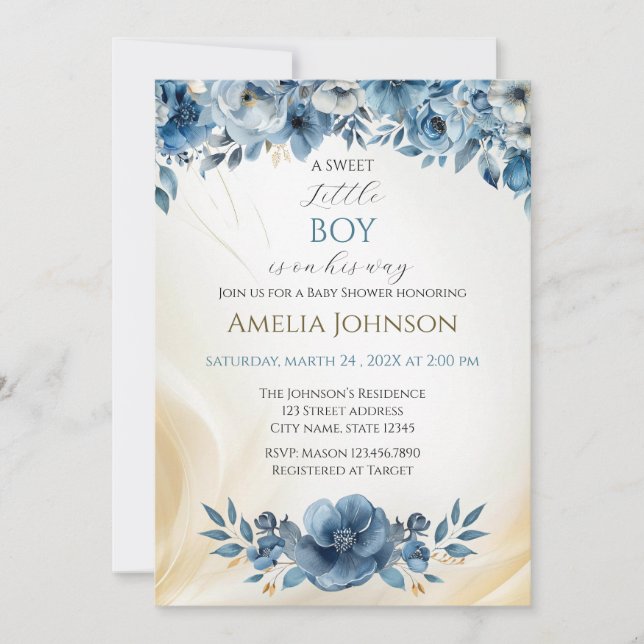 Convites Chá de fraldas Floral Moderno Azul (Frente)