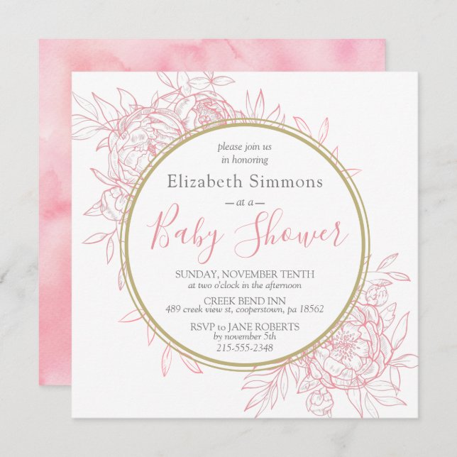 Convites Chá de fraldas Floral Moderno de Peony Rosa Blush (Frente/Verso)