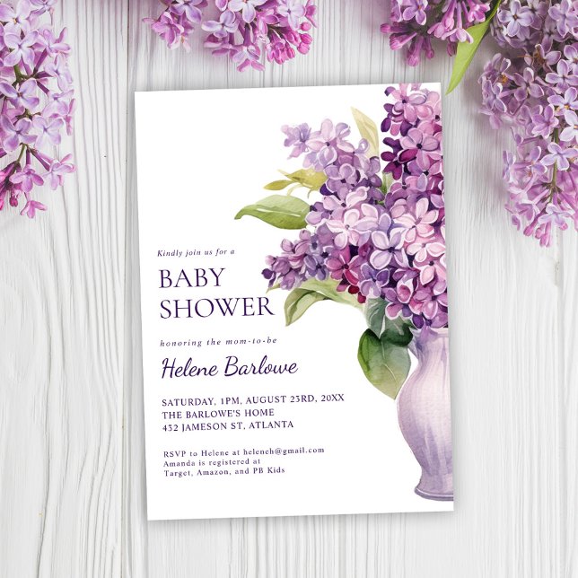 Convites Chá de fraldas Floral Moderno Elegante Lilac (Lilac Modern Elegant Floral Baby Shower Invitation)