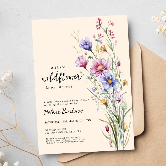 Convites Chá de fraldas Floral Neutral de Boho Russo de Flo (Wildflower Rustic Boho Neutral Floral Baby Shower Invitation)